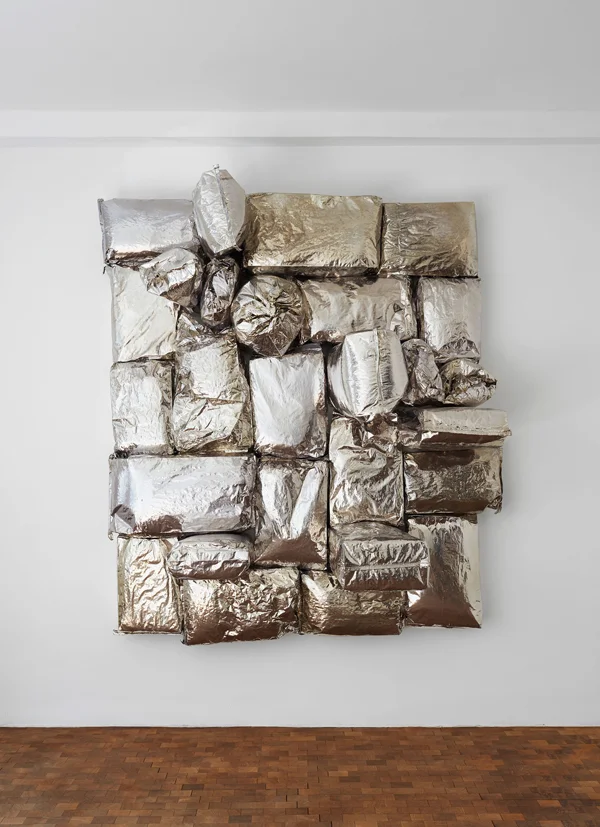 Jim Lambie Soul Machine (2016) Potato bags, expanding foam, chrome paint on canvas approx. H 210 x W 178.5 x D 72 cm