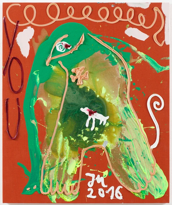 Jonathan Meese JA, DIESES ELEFANTENBABY WIRD VON DEN ELTERN NICHT POLITISIERT; SONDERN GELIEBT, ZUM GLUCK! 2016 Oil and acrylic on canvas 120.5 x 100.3 x 3.3 cm