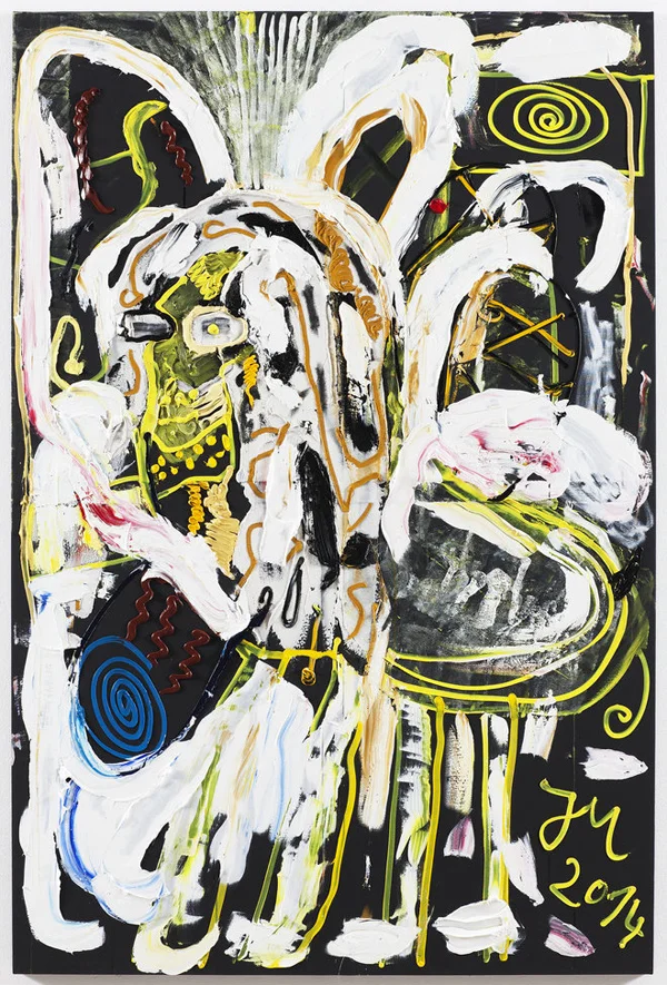 Jonathan Meese TANTE “SCHNULLER” BERAUMT ALLES 20014 Oil and acrylic modeling paste on canvas  210.5 x 140.3 x 3.3 cm