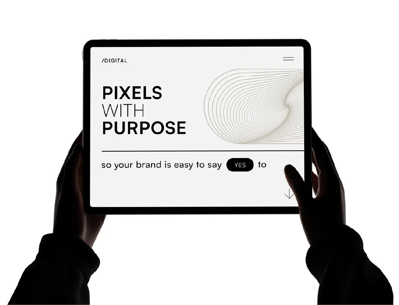 Person holding a tablet displaying a website with the text 'PIXELS WITH PURPOSE' and a graphic of concentric curved lines.