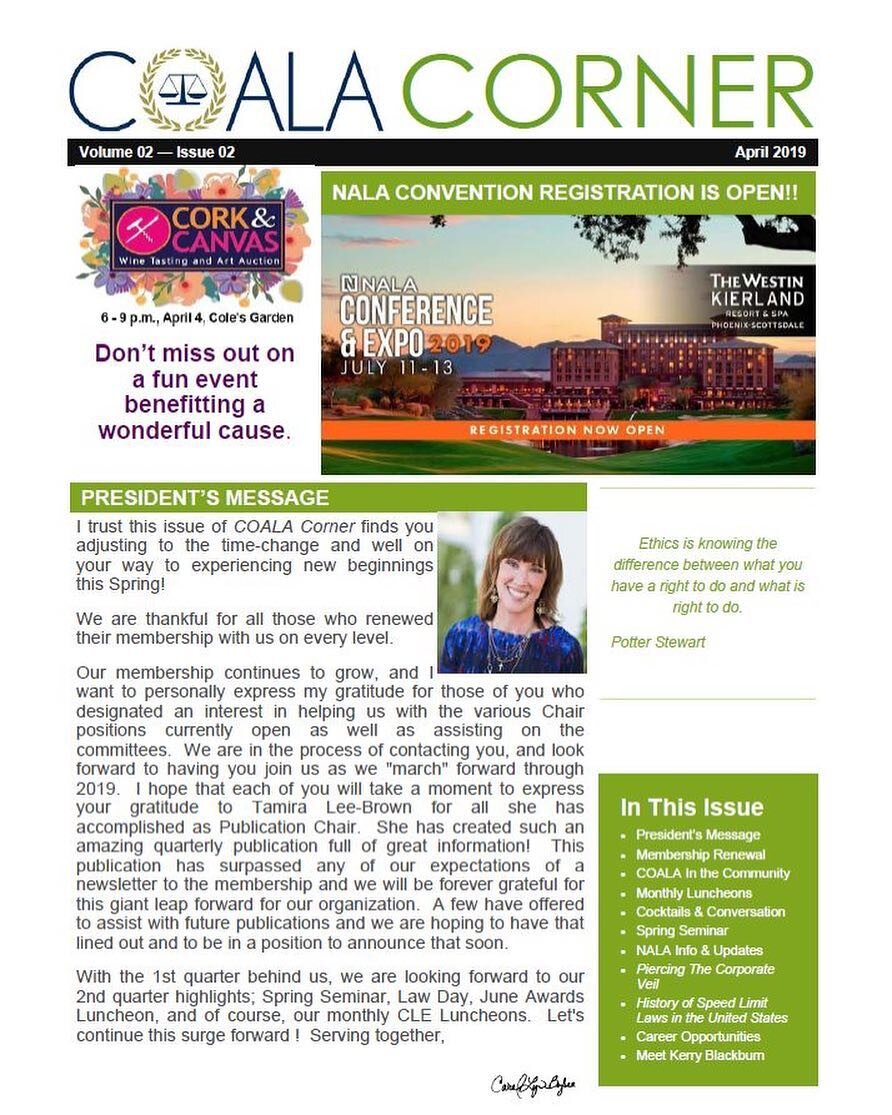 View the latest issue of COALA Corner and a message from Publications Chair, Tamira Lee-Brown on our website at https://www.coalaokc.org/coala-news/2019/4/1/a-message-from-publications-chair-tamira-lee-brown #COALA