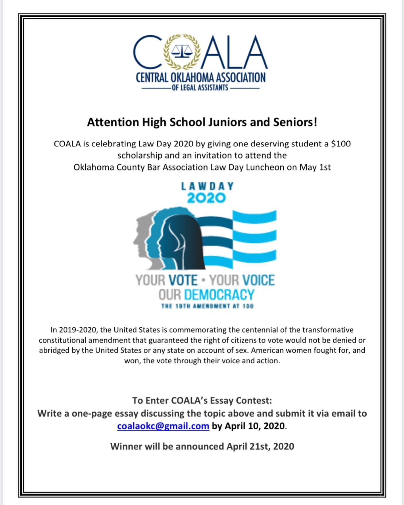 || Law Day is Friday, May 1st || COALA is celebrating by awarding one high school junior or senior with a $100 scholarship and invitation to the Oklahoma County Bar Association luncheon! 
Do you know someone who is interested in the legal field and c