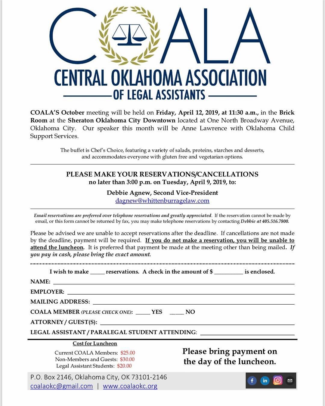 Sign up today to attend our April luncheon to hear Anne Lawrence of Oklahoma Child Support Services. And don&rsquo;t forget about Cocktails &amp; Conversation. Swipe left to see more details. #COALA