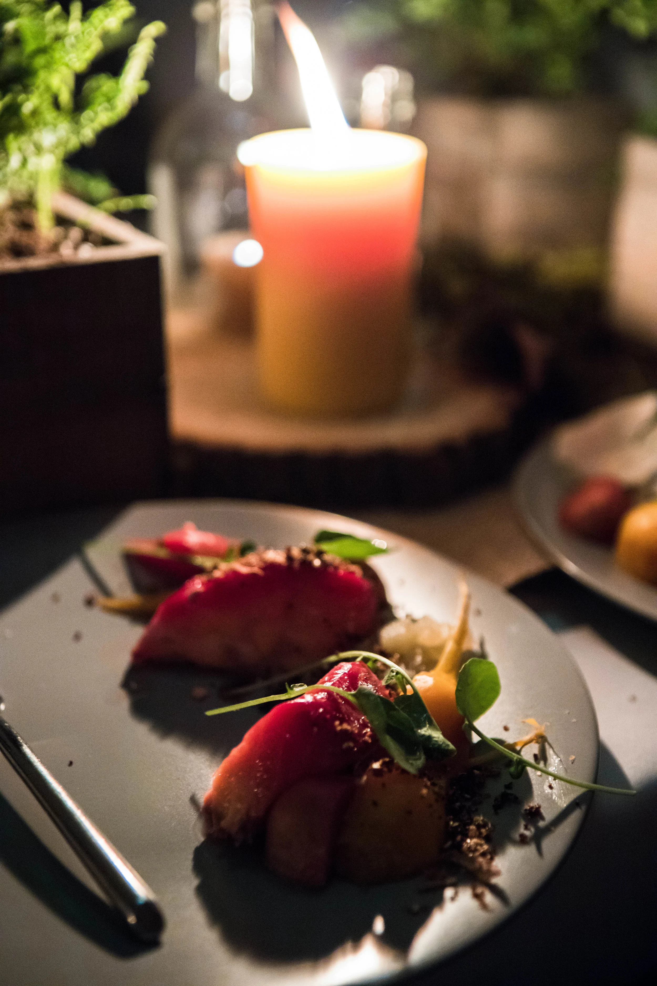 Ocean Wise Salmon served with an Absolut & beet cure, diced apple and watercress, topped with goat yogurt and an “everything crumb”