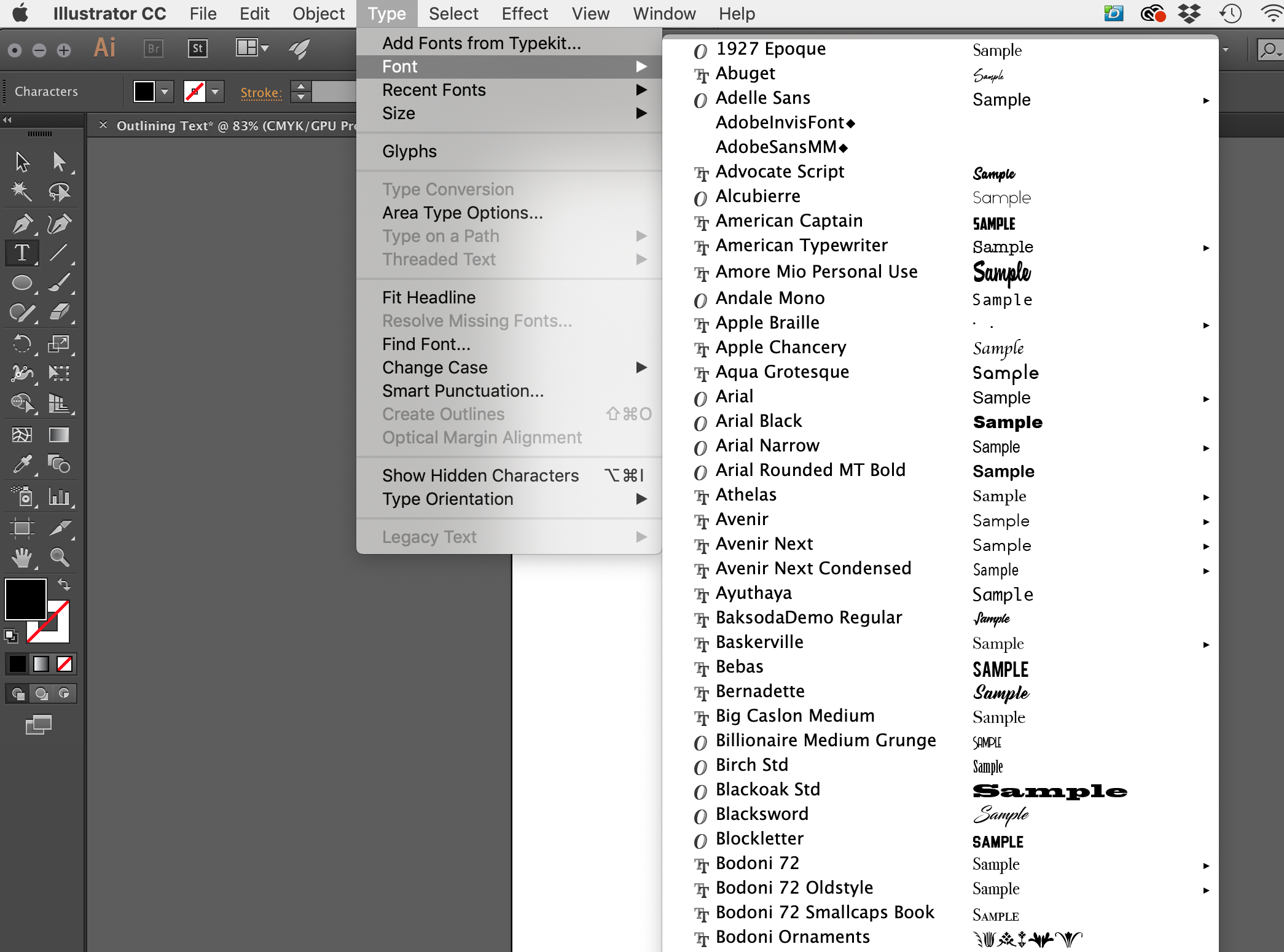 How to change type face and type size in Adobe Illustrator