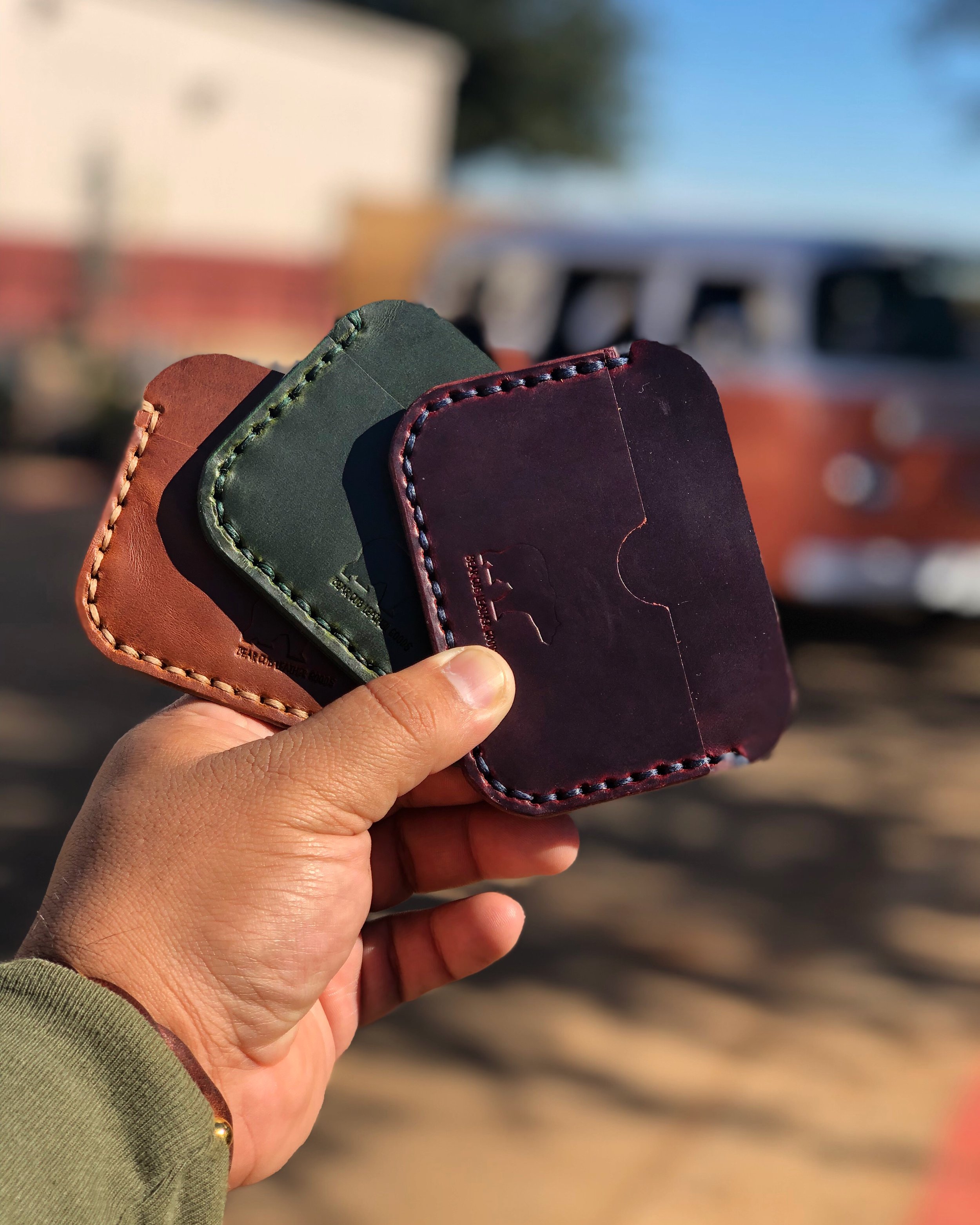 Handmade leather wallets with stitching handmade in Houston, Texas by Bear Cub Leather