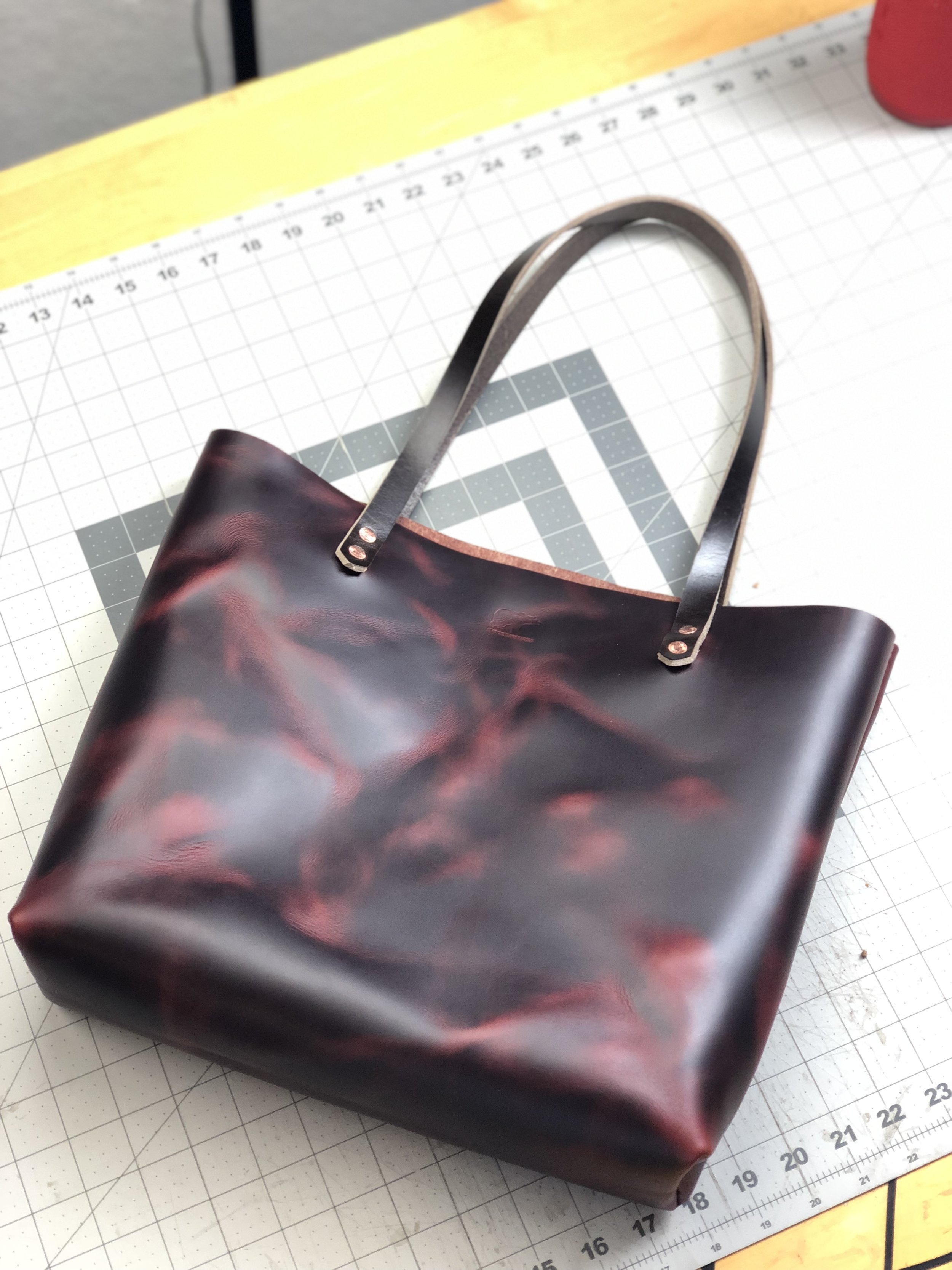 Handmade and stitched leather tote bag by Bear Cub Leather Goods