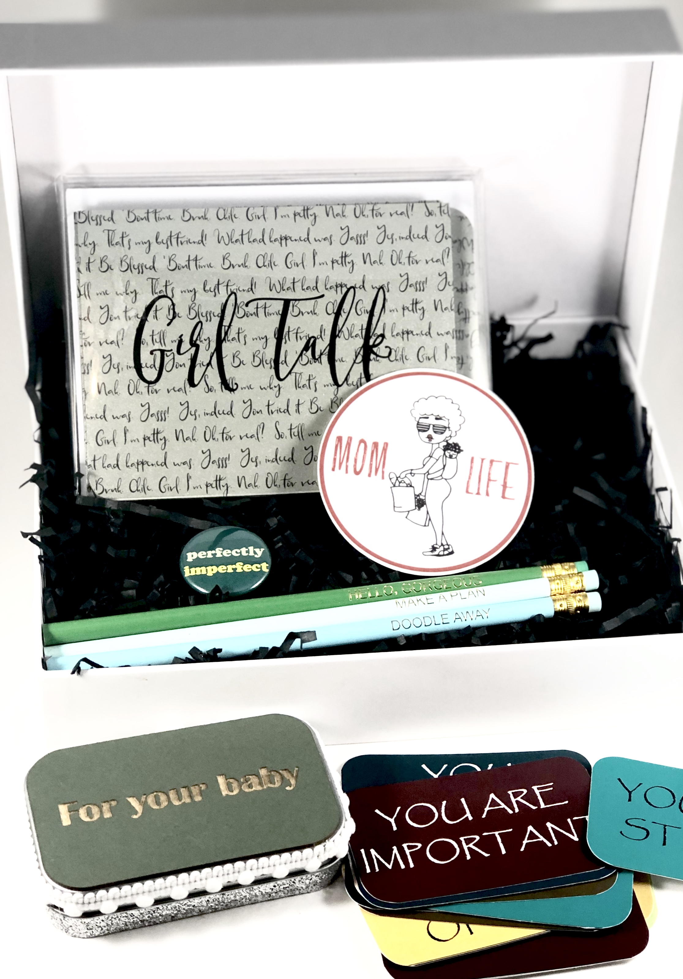 MikMont Creations custom gift pack with card, pencils, affirmation tin with laser etch lid