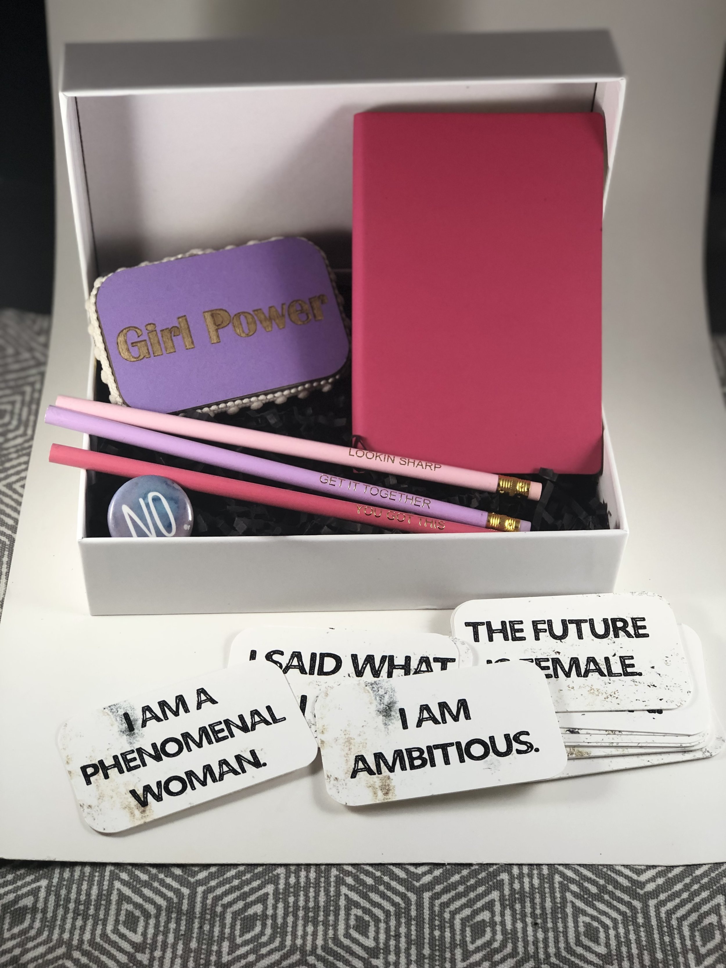 Custom gift set by Mikole Montgomery - woman empowered gift set with laser engraved mat board packaging