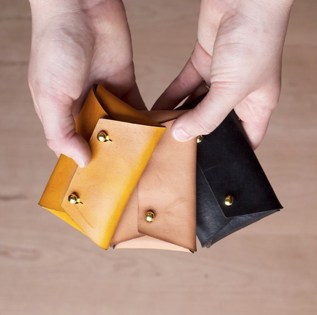 Handmade in Houston Leather Wallet with pocket snap brass hardware yellow natural brown