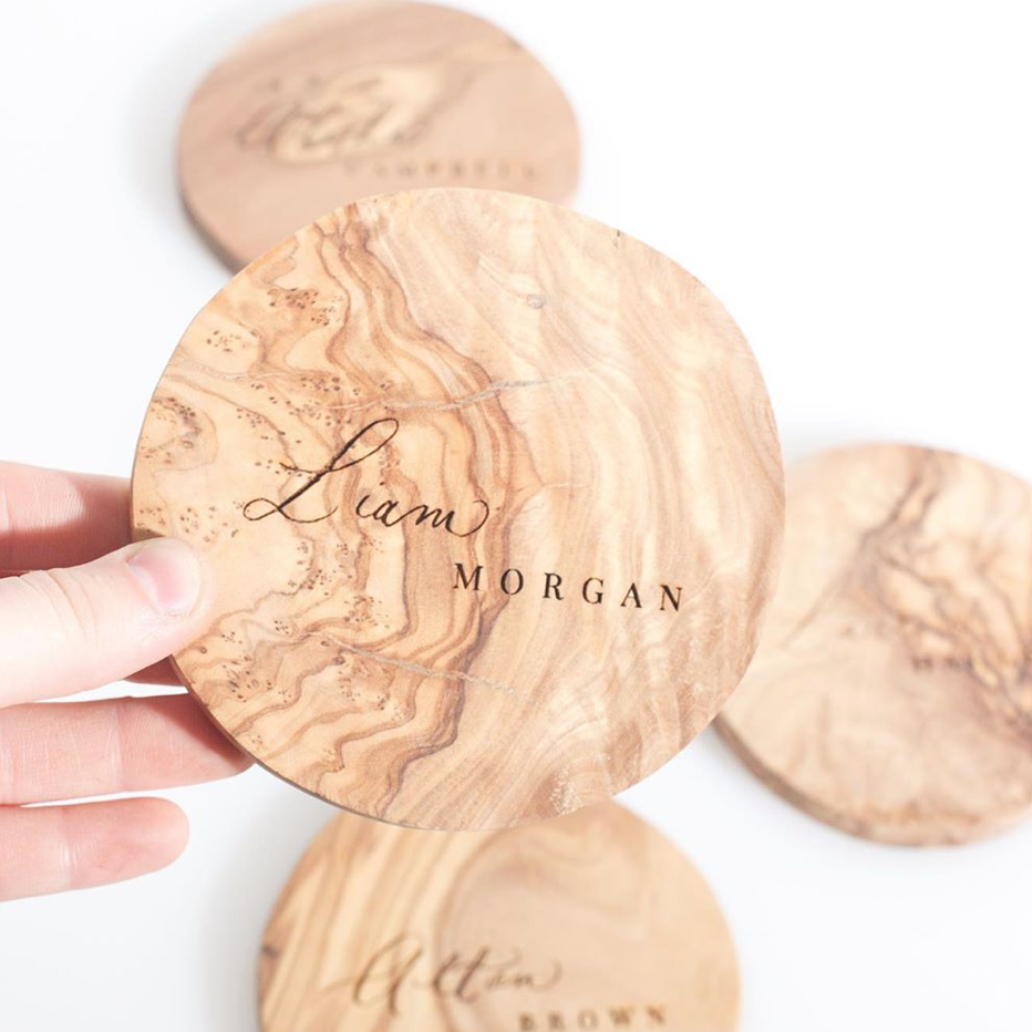 olive wood engraved olivewood etch escort card gift personalized coaster