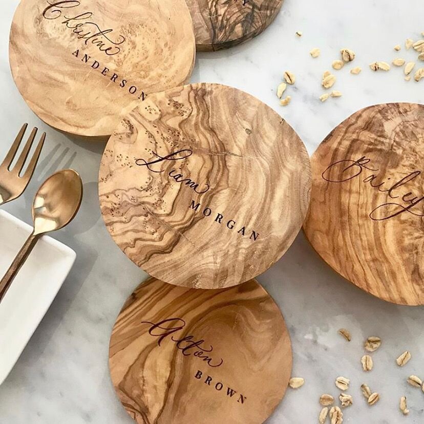 Laser Cut Olivewood Etched Placecards Coasters