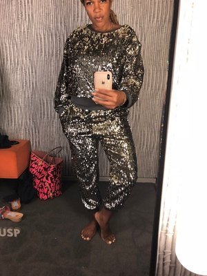 Trend: 3D shine What’s better than sparkle? Extra sparkle on a jogger set! Showing up in your comfy clothes but not looking like it is a huge fashion score...add pumps or sneakers and go