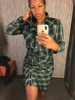 Trend: western This dress is every.single.thing!!! Asymmetrical snaps, ruching, plaid, silver piping... Veronica Beard has created a dress that fits a woman’s body to a T.