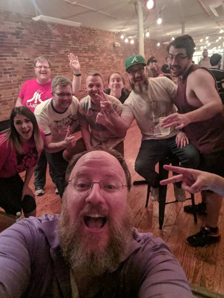 Left to right behind me: Nicky Winkelman, Pat Sievert, Tyler Sonnichsen, Aaron Chasteen, Lydia Manning, Scott Eason, and Trae Crowder. (Mikey's Late Night Slice, Columbus, OH)