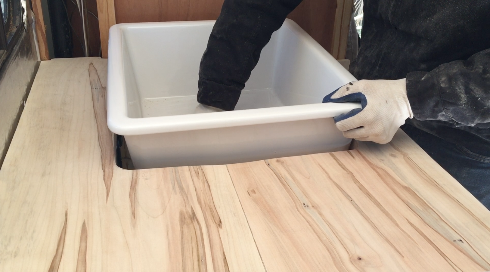 Hole for sink has been cut, and now we are dry fitting the sink 