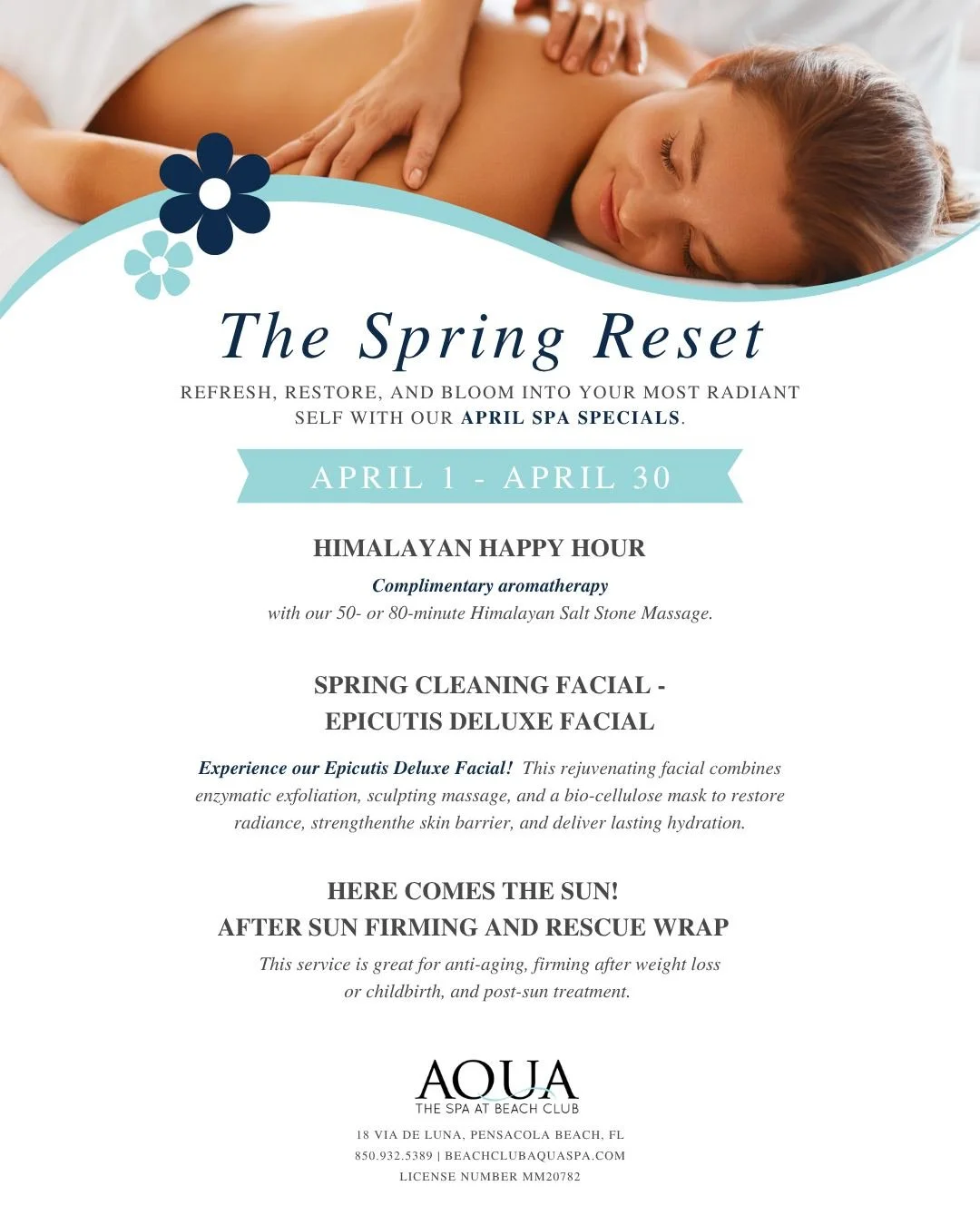 The Spring Reset! 🌸🌿✨
Refresh, restore, and bloom into your most radiant self with our April Spa Specials. From glow-boosting facials to firming wraps and our signature Himalayan Salt Stone Massage with complimentary aromatherapy, this is your seas