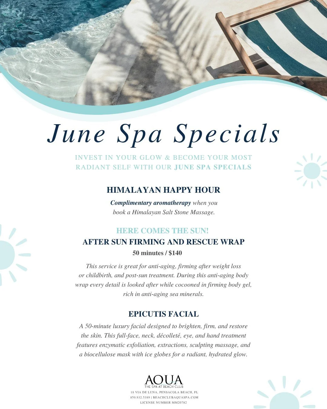 ✨ JUNE SPA SPECIALS ✨
Invest in your glow &amp; become your most radiant self with our June spa specials:

Himalayan Happy Hour
Enjoy complimentary aromatherapy when you book our Himalayan Salt Stone Massage.

Epicutis Facial
A 50-minute luxury facia