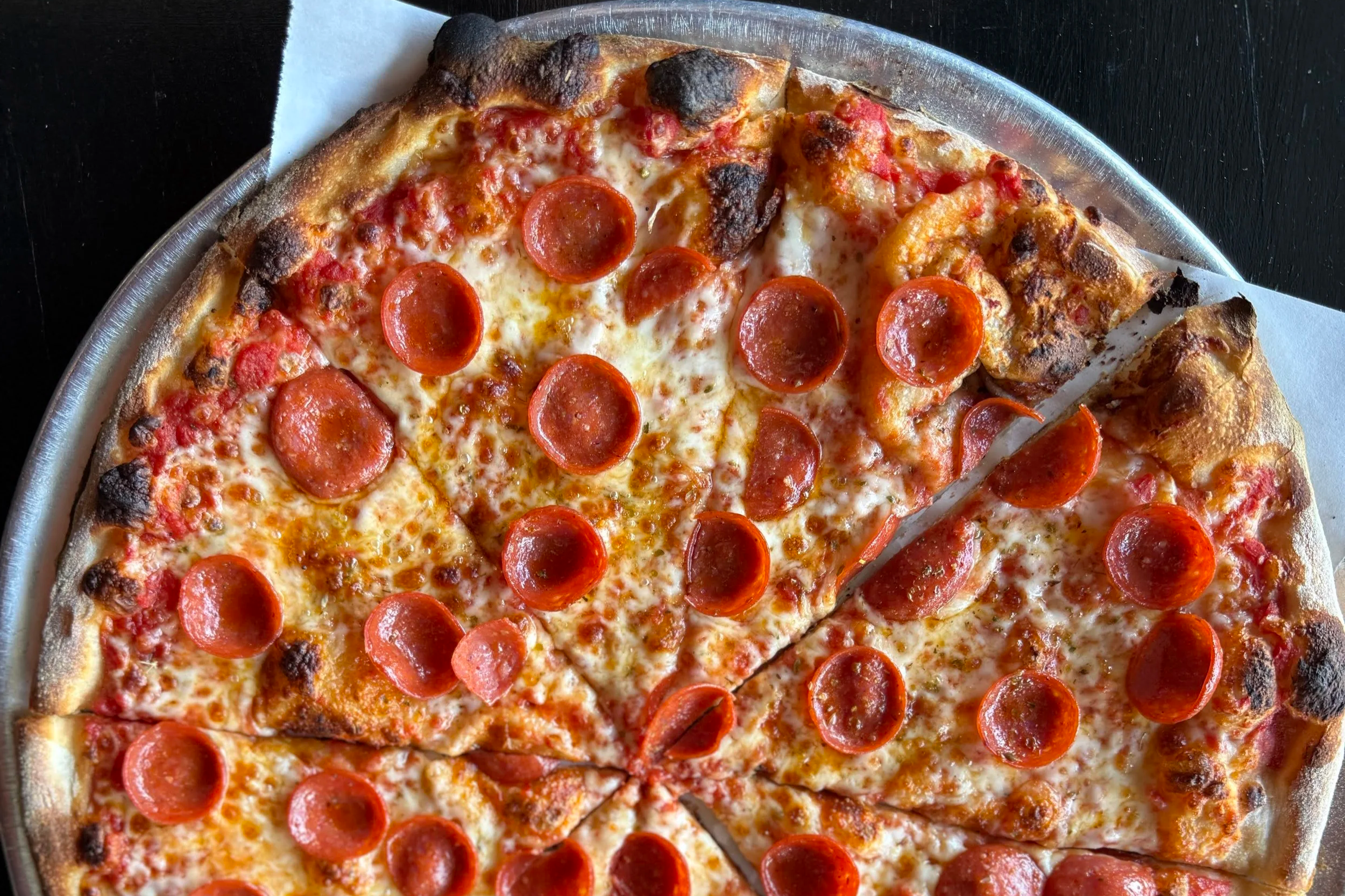 Close up picture of a pepperoni pizza at Oakland Pizza Company in South Windsor, Connecticut.