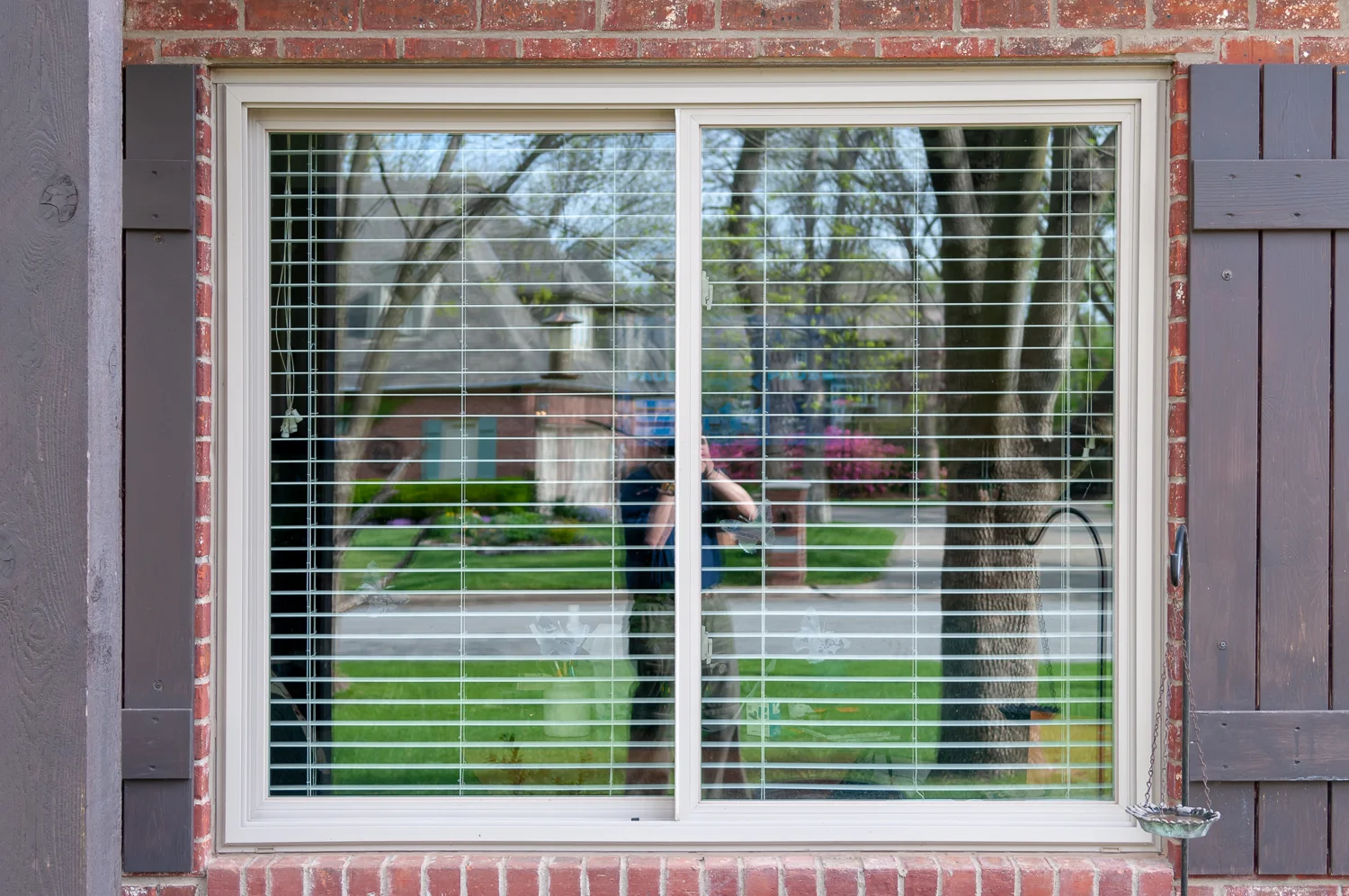 Here is the window we installed. It easily slides right or left, and the blinds can be raised for easy viewing. We do have window decals to help prevent bird strikes.