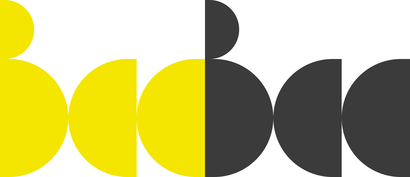 Abstraktes Design mit großen gelben und schwarzen Kreisen auf schwarzem Hintergrund.