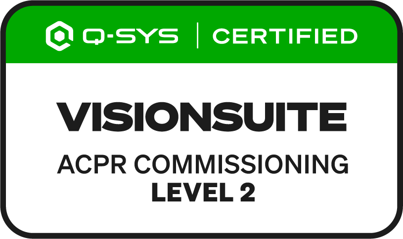 Certification label for Q-SYS Certified VisionSuite, ACPR Commissioning Level 2.