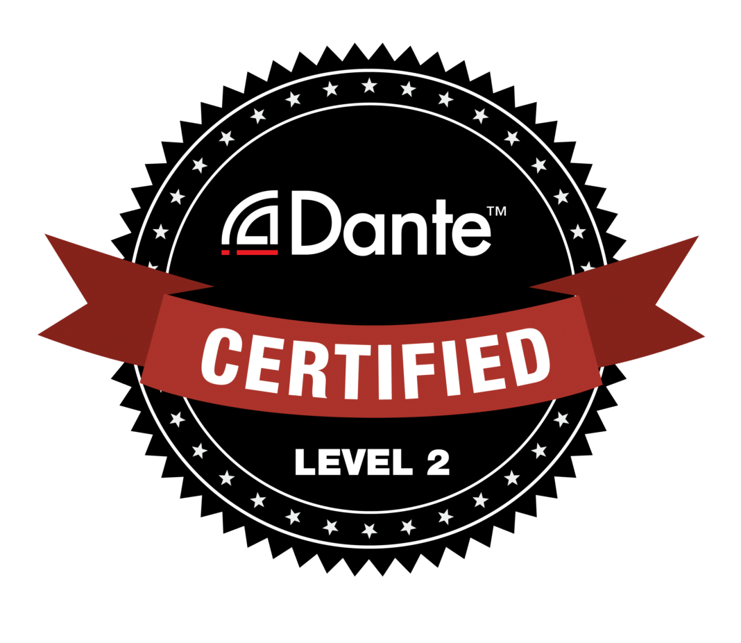 Dante Certified Level 2 badge with a black background, circular design, stars around the edge, and a red banner with white text that says 'CERTIFIED'.