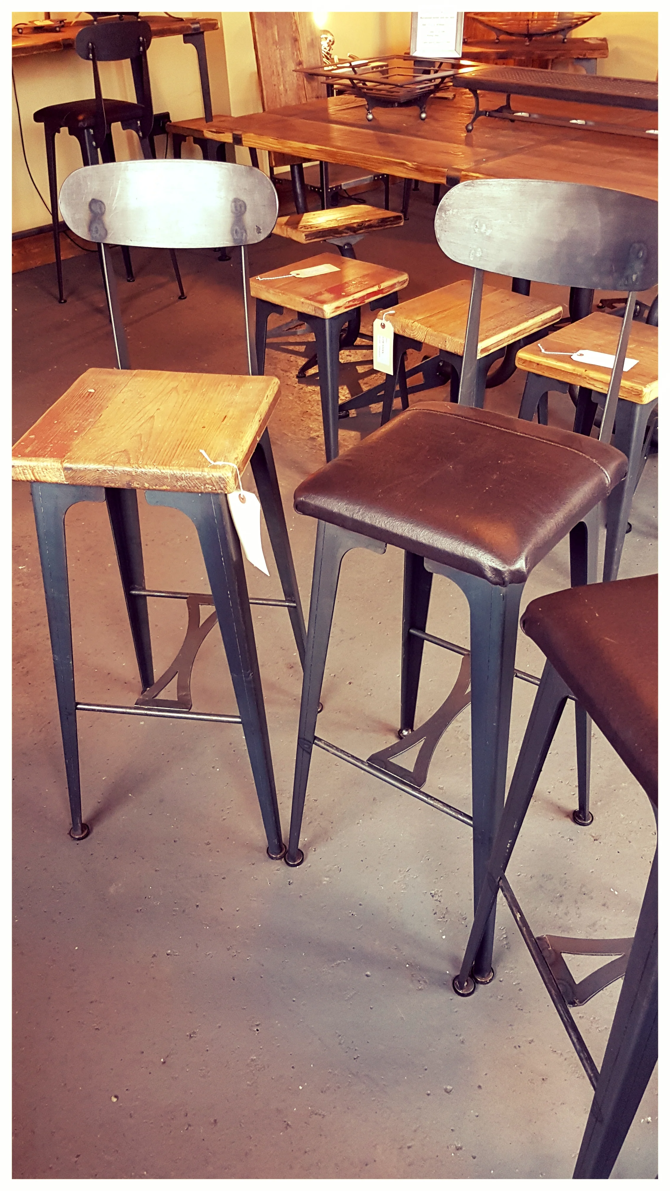 Tall stool with back, reclaimed wood top