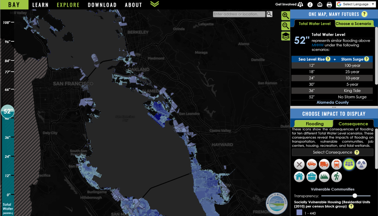 Adapting to Rising Tides "One Map, Many Futures" - interactive map showing state-adopted sea level rise scenarios