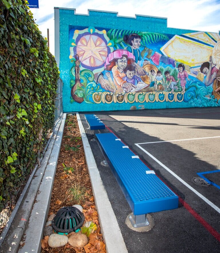 in-ground bioretention basin + mural