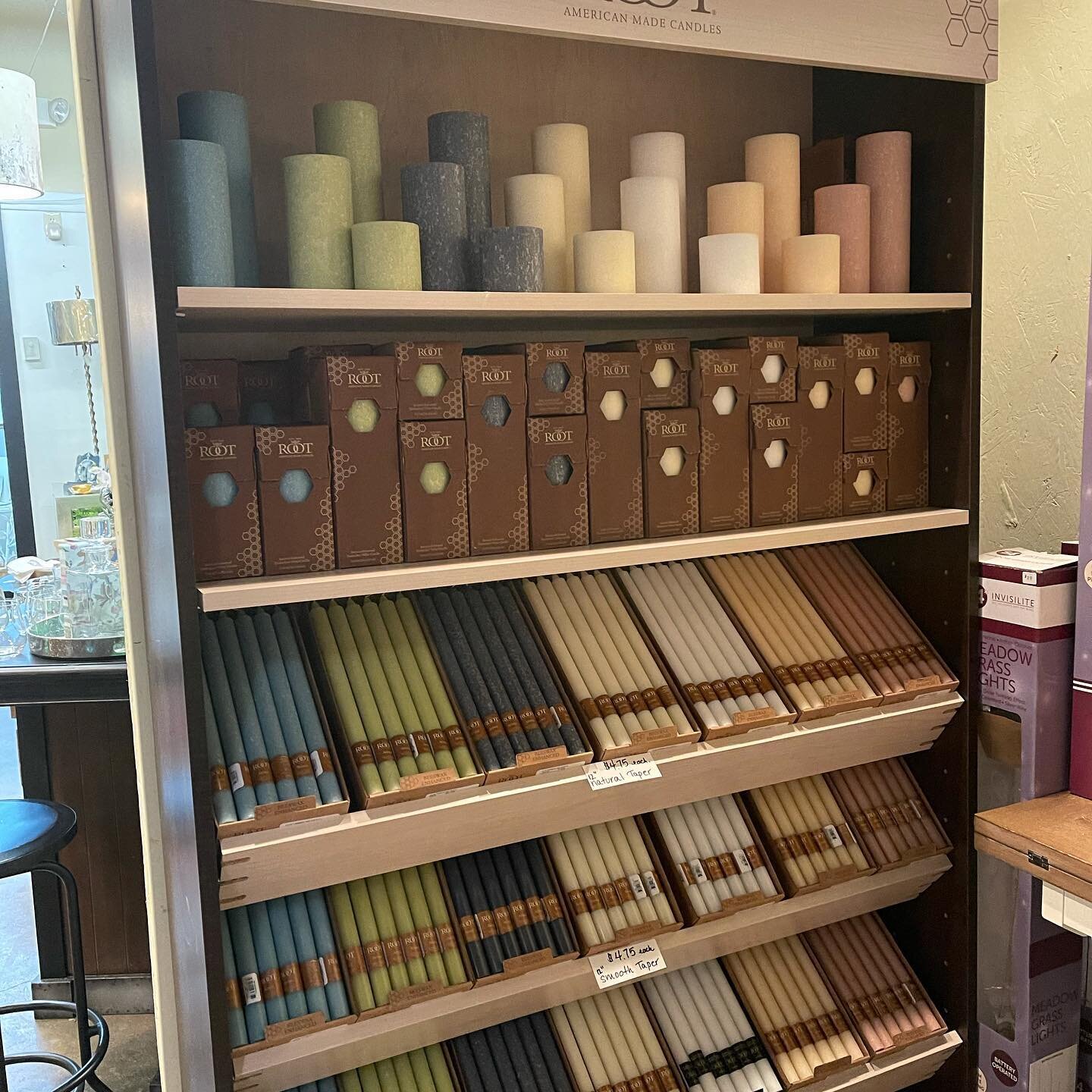 New candle line!!! ROOT CANDLES Beautiful colors and all the different sizes you&rsquo;d need!! #rootcandles #americanmade #beeswaxcandles #shoplocal #athensga #shopaim