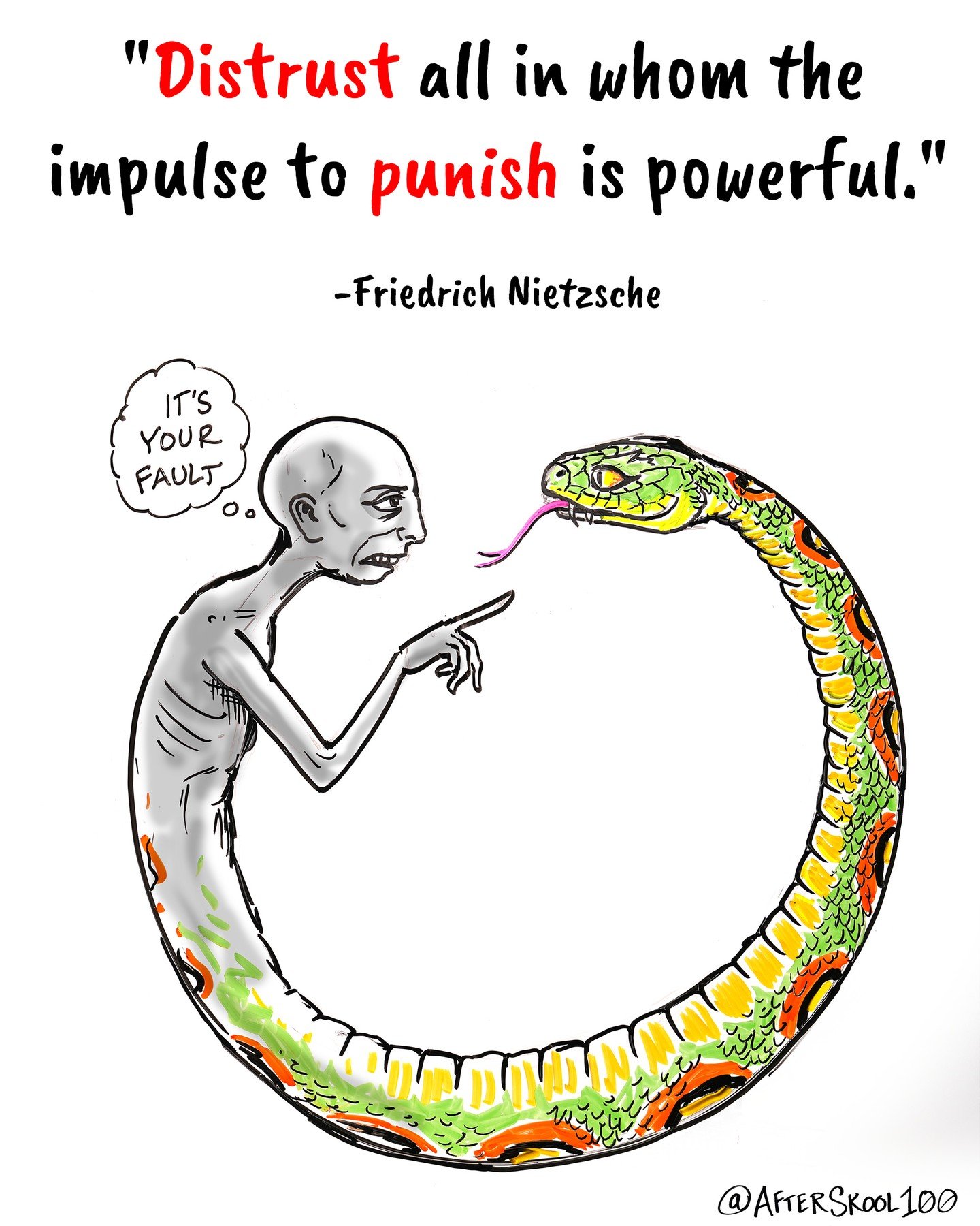 Someone who has a strong impulse to punish others has not examined their own flaws. They are so certain that their way is right and all other ways are wrong. For this reason, they cannot be trusted. ⁠
⁠
As Carl Jung famously said, "Everything th