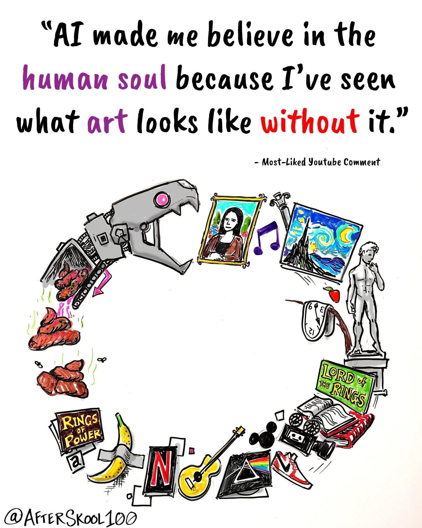 This quote comes from the top comment from the top comment on my recent "Ai slop will Spark the Next Human Renaissance" animation. That video seemed to have a big impact. Do not let this onslaught of AI generated sludge deter you from belie