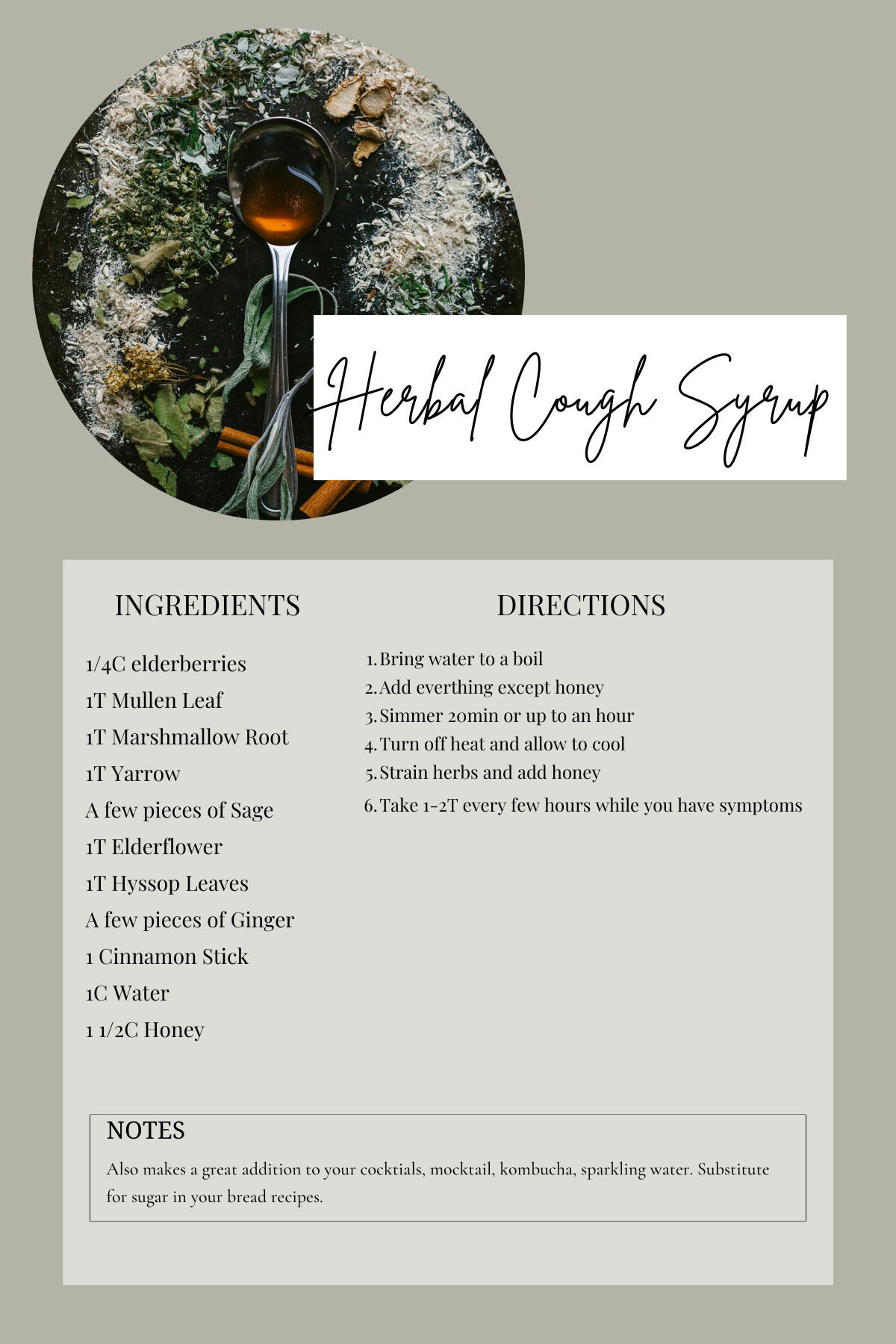Boost your immune system and soothe your throat with this homemade herbal cough syrup, featuring a powerful blend of elderberries, mullein, marshmallow root, yarrow, sage, elderflower, hyssop, ginger, and cinnamon