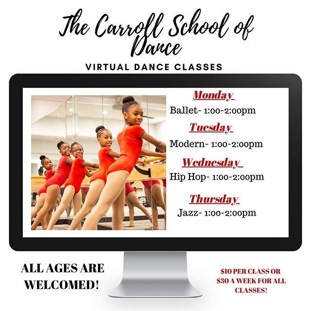 The Carroll School of Dance is currently holding live virtual classes!!!! These classes are open to the public, and for all ages!!! Click the link in the bio to register! ❤️✨
