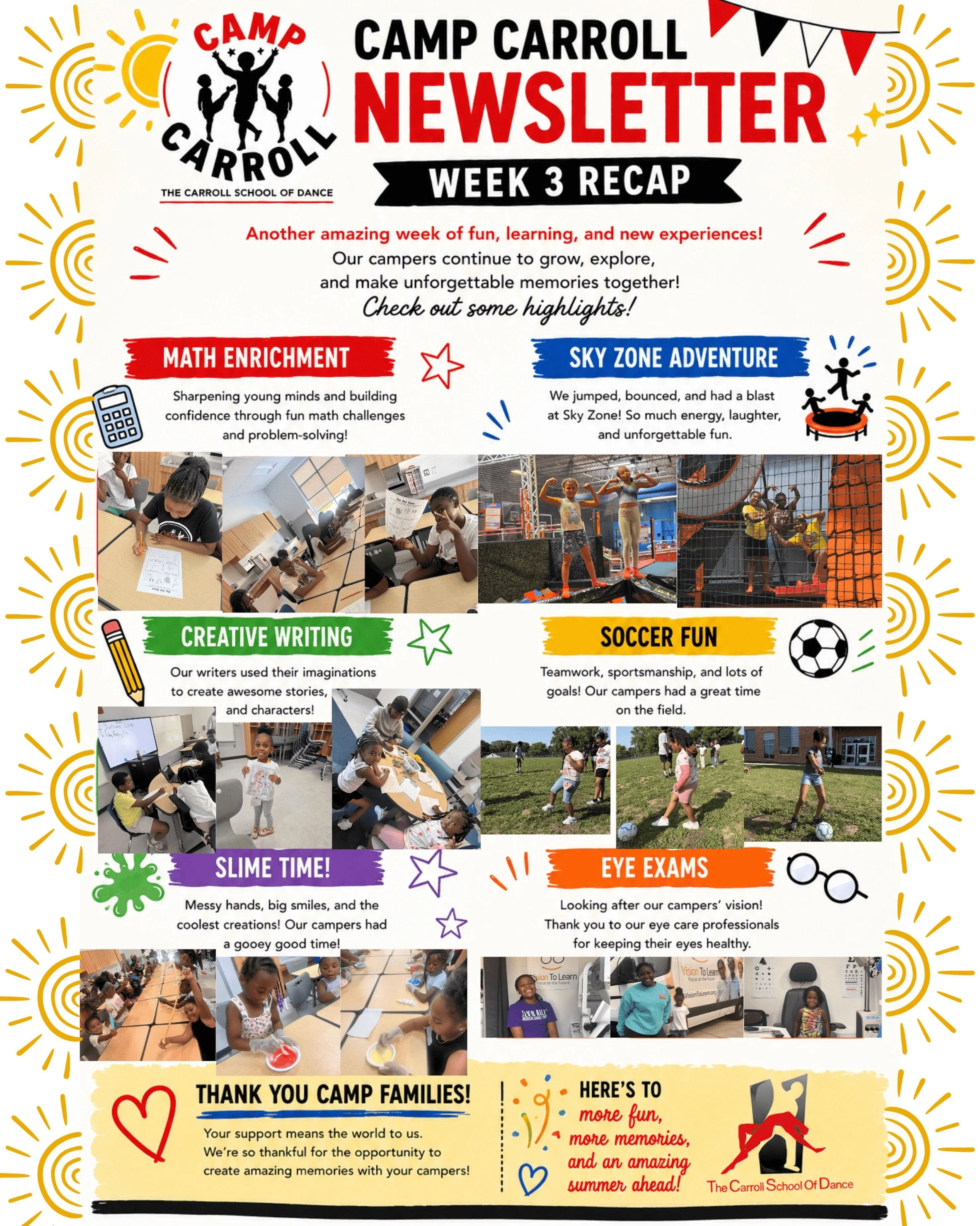 Week 3 at Camp Carroll was one for the books! ☀️❤️🖤

Our campers had an amazing week filled with learning, creativity, movement, and FUN! From sharpening their math skills and getting creative with writing, to jumping at Sky Zone, playing soccer, ma