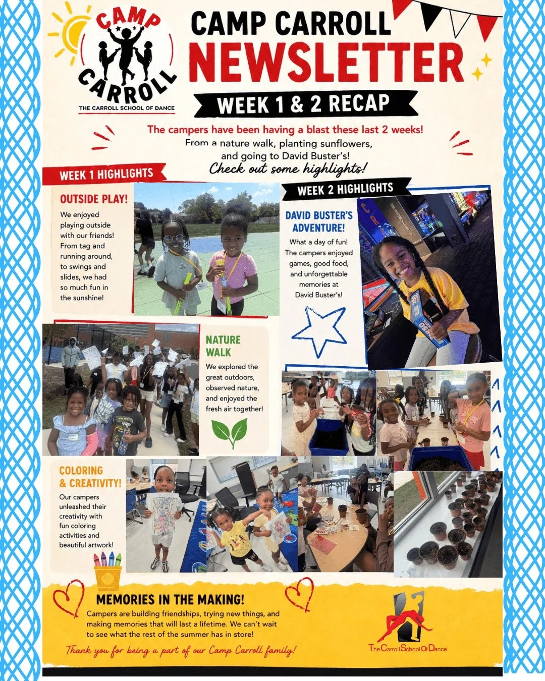 ☀️ Camp Carroll is off to an AMAZING start! 🎉

The first two weeks have been filled with laughter, learning, new friendships, and unforgettable adventures! From outdoor play and nature walks to planting sunflowers, creative coloring activities, and 