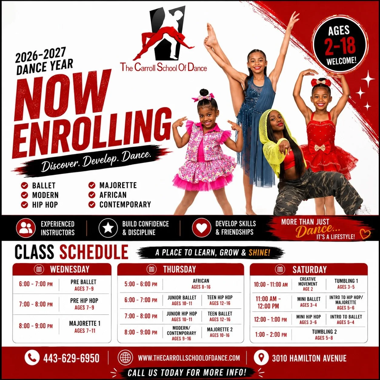🚨 NOW ENROLLING | 2026&ndash;2027 Dance Season ❤️🖤

It&rsquo;s time to join The Carroll School of Dance! ✨

Whether your dancer is just getting started or ready to grow their skills, we have a class for them!

💃 Ages 2&ndash;18
❤️ Ballet
🖤 Hip Ho