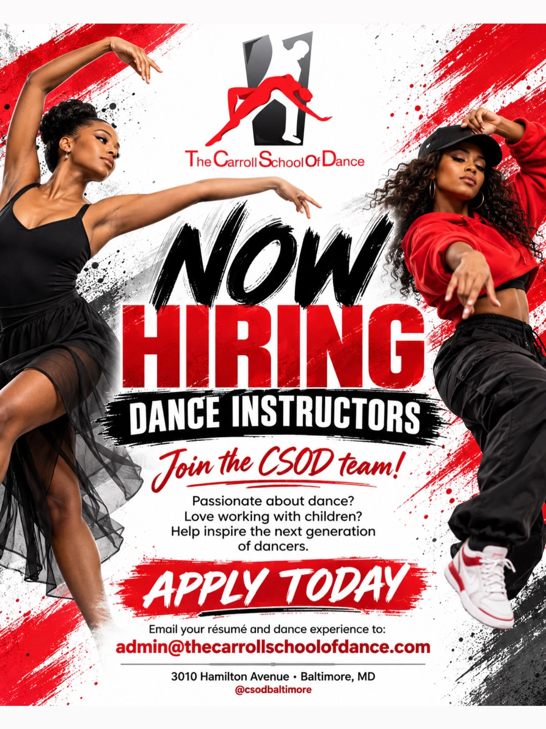 🚨 NOW HIRING DANCE INSTRUCTORS! 🚨

The Carroll School of Dance is looking for passionate, creative instructors who love working with children and inspiring confidence through dance! ❤️🖤🤍

Ready to share your talent and join the CSOD family? We&rs