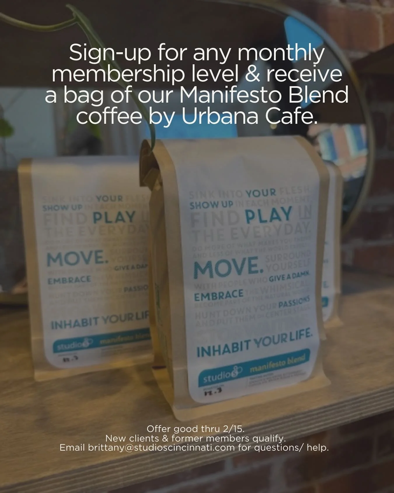 💪 + ☕️ There are already so many benefits to becoming a member&mdash;and here&rsquo;s another one.

Join any monthly membership and receive a complimentary bag of our Manifesto Blend by Urbana Cafe.

Offer good thru 2/15. New + former members welcom