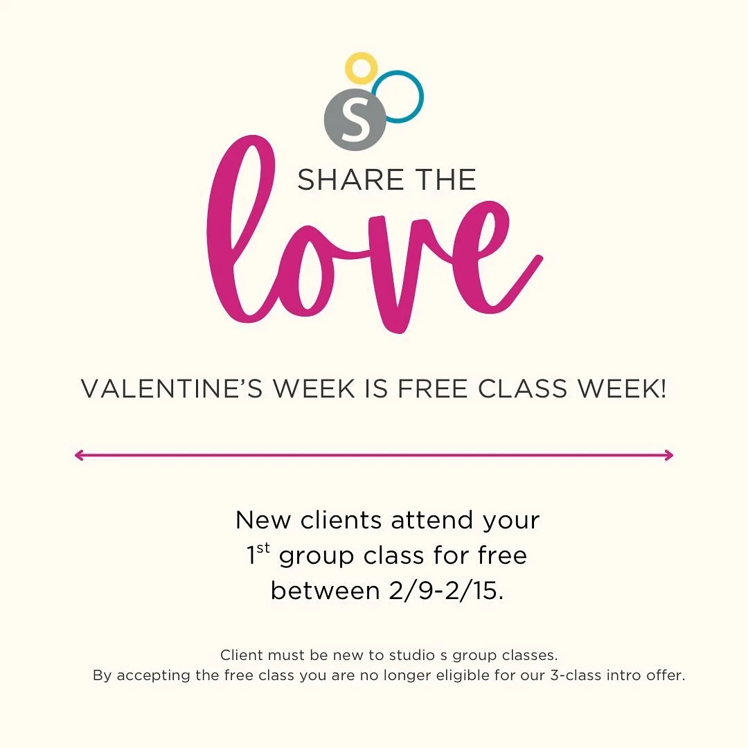This Valentine&rsquo;s Week, we&rsquo;re sharing the love with our community. 💕
If you&rsquo;ve been curious about studio s, now&rsquo;s the time&mdash;your first class is on us.

2/9&ndash;2/15 ✨
Select &ldquo;SHARE THE LOVE&rdquo; free class at ch