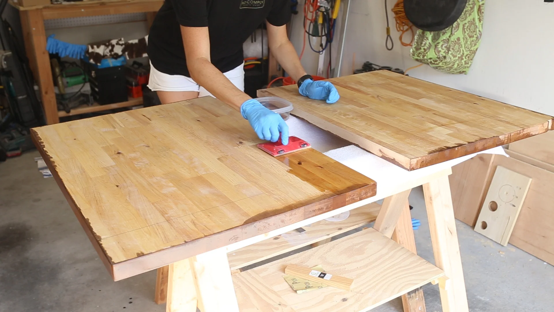 I started by sealing the bottoms and sides with two coats of the Waterlox Original, letting them dry for 24 hours in between coats. I started by using a paint pad but ultimately ditched that and just used a good quality paint brush for the tops.