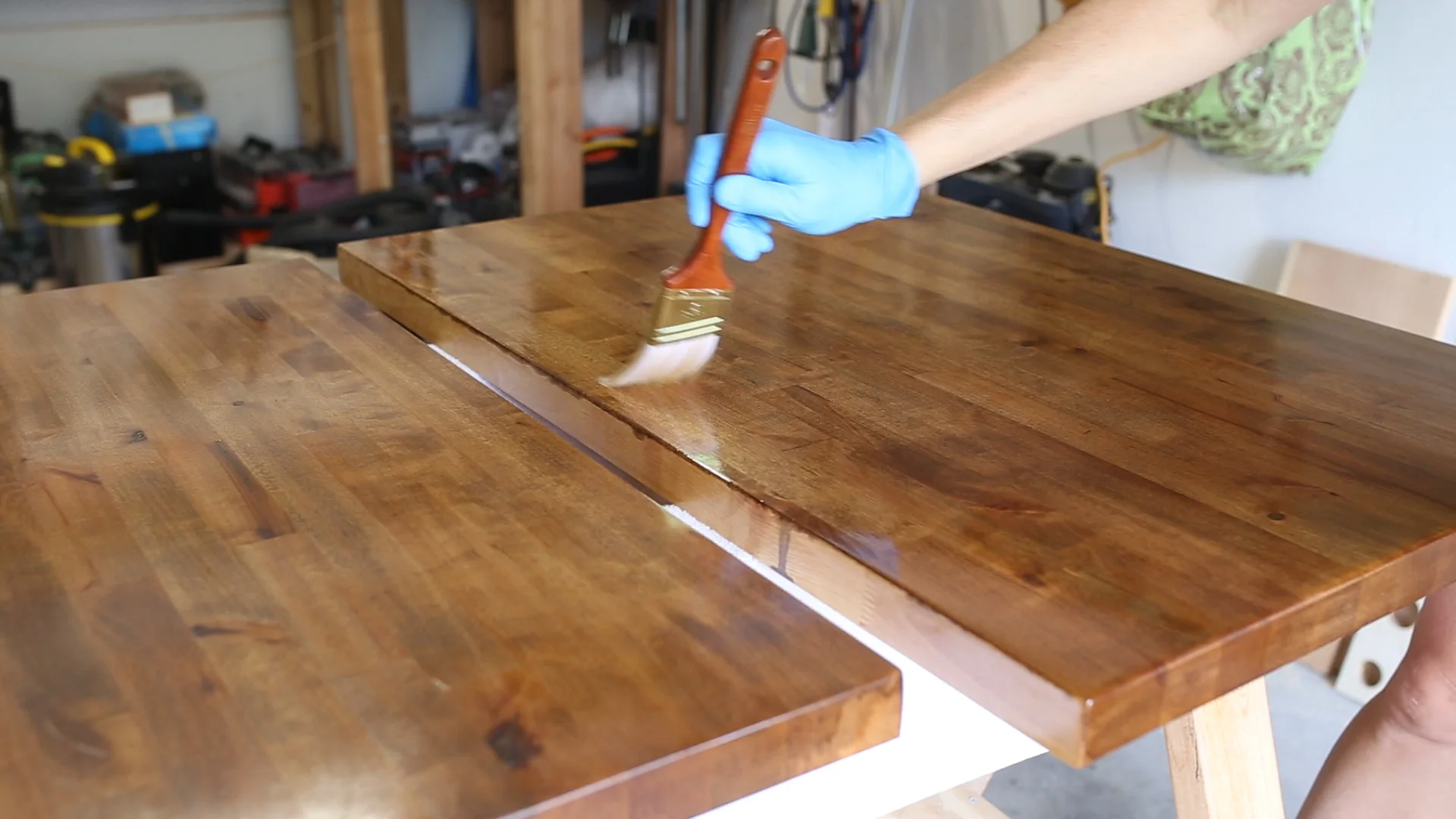The tops needed more protection than the bottom. I started this step by applying two coats of Waterlox Original, with 24 hours of drying in between. I also sanded each coat before applying the next with a piece of super fine steel wool.