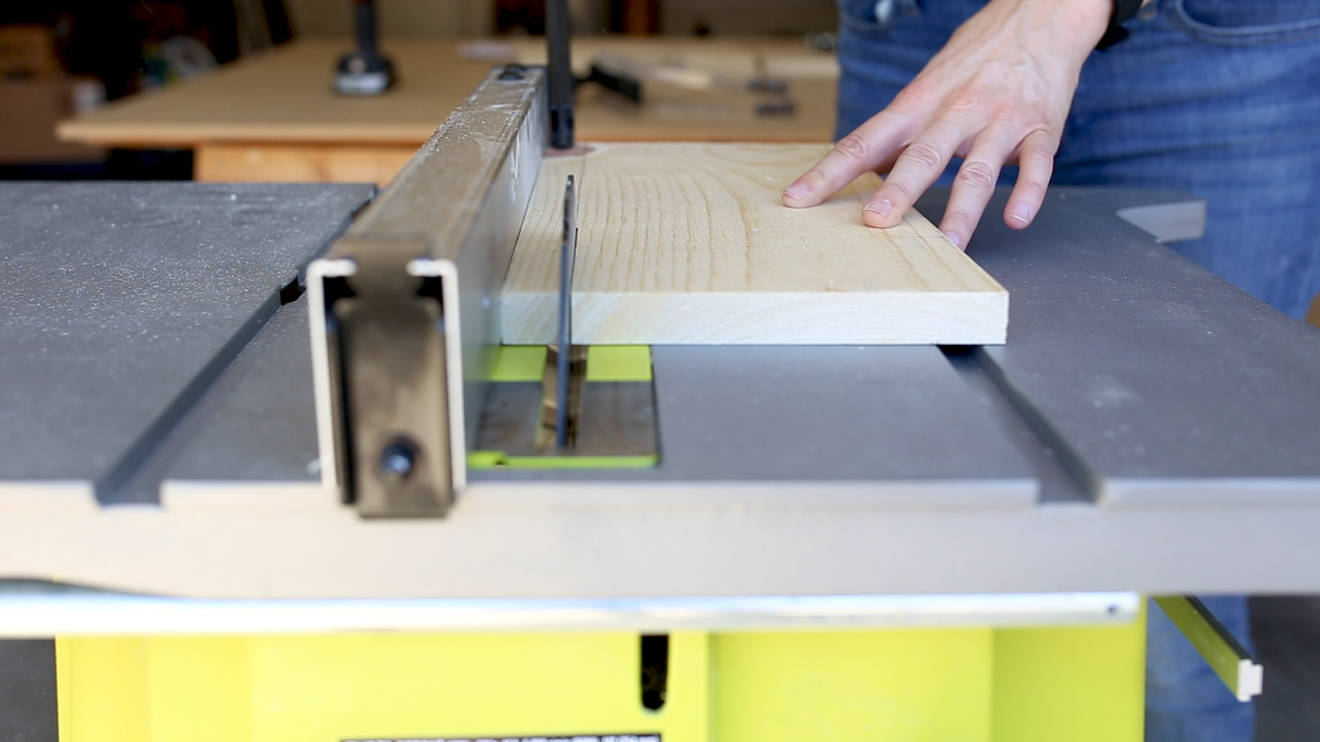 Next I took one of the 14" pieces and cut down an inch to 6.25" wide on my table saw . This narrower board will be the top. 