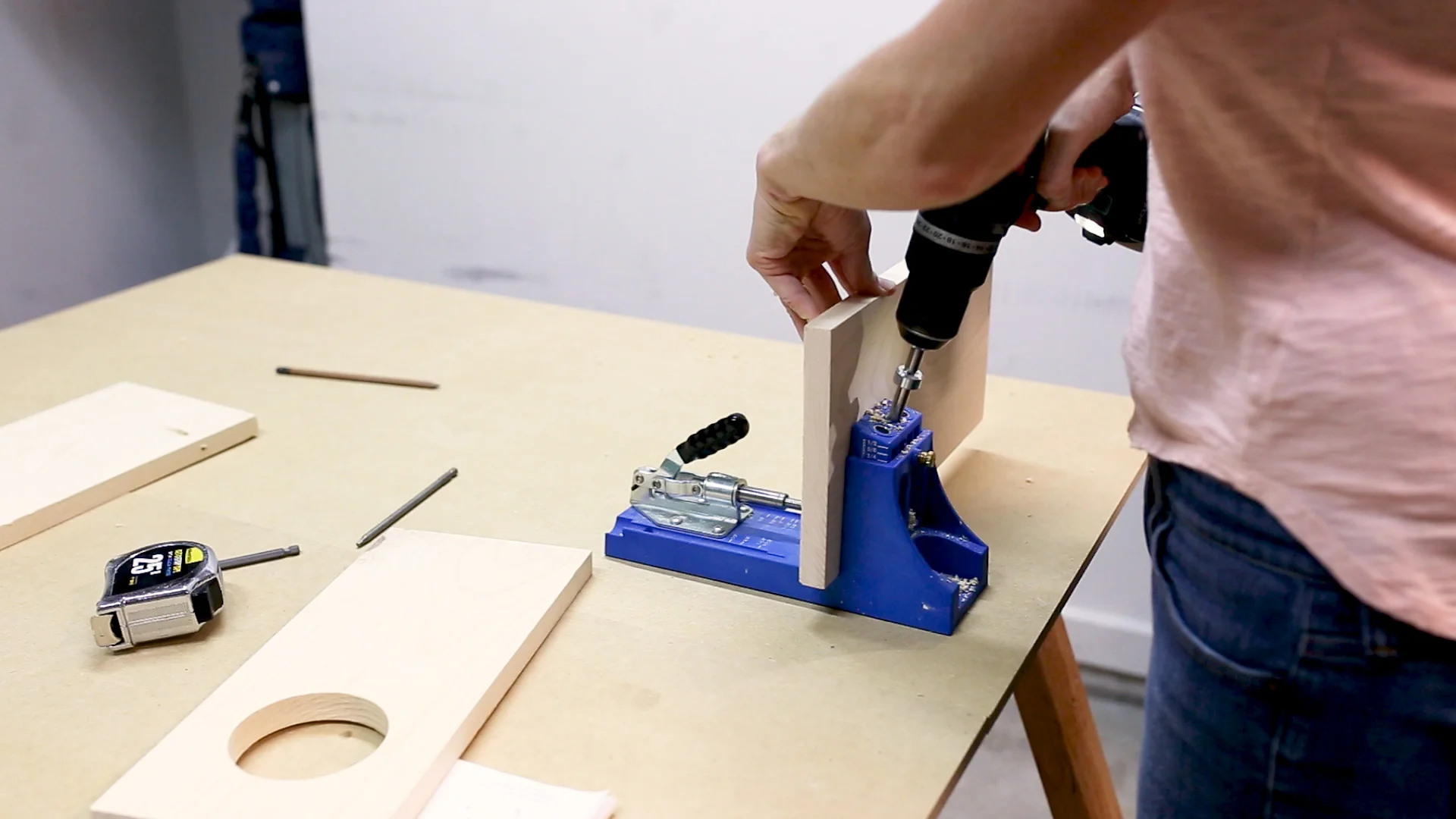 To join the boards I used wood glue and pocket holes. To cut the pocket holes I used my Pocket Hole Jig and drilled two holes on an inner side of each board. As I mentioned in the video, these sides really aren't supporting any strength. So if you don't have a pocket hole jig, using wood glue only would make it plenty strong. 