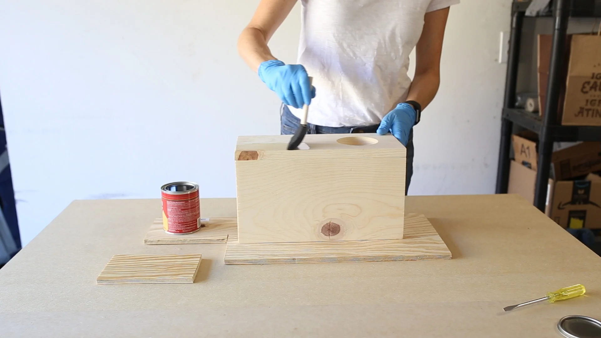I then applied the wood conditioner to the sleeve and also to the piece that will be the bottom of the cupholder. 