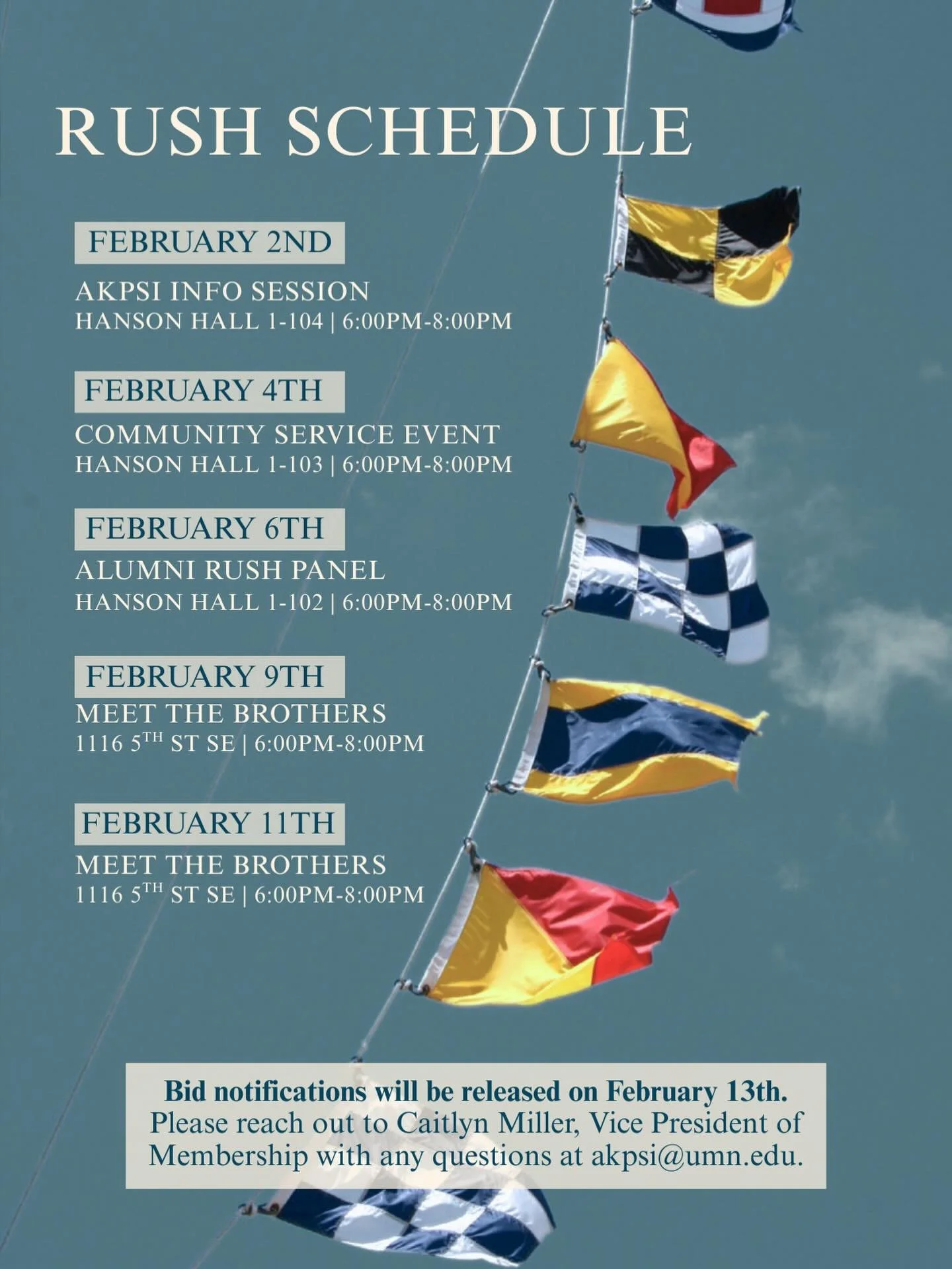 Alpha Kappa Psi Yacht Club Spring Rush 2026 - &ldquo;Sail to Success&rdquo;

Alpha Kappa Psi provides you with a professional network of high-achieving students and connections that are valuable long past graduation. Additionally, you make friends to
