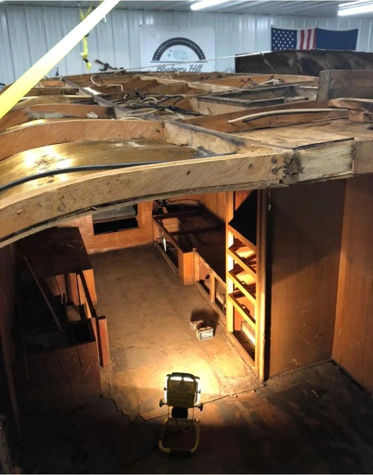 Restoration begins - cabinet fronts and rooftop removed