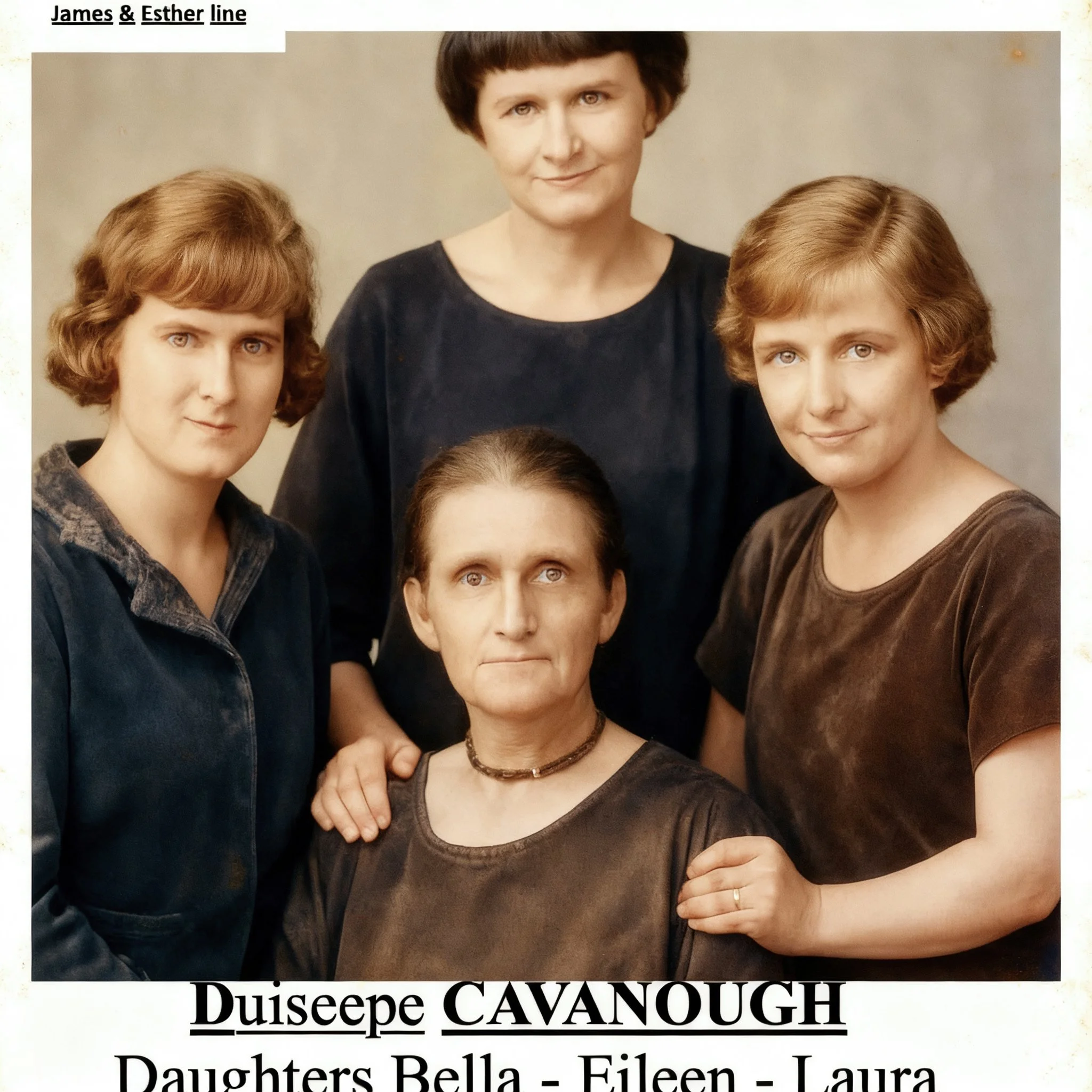 James & Esther line 
Duiseepe Marie Beaumont centre front married Thomas Edward Cavanough they had 6 children , Bella Charlotte , Laura Alpine , Llean May , Myrtle Patricia, Thomas Edward and Rita Agnes. Picture : Duisepe Marie Cavanough ( nee Beaumo