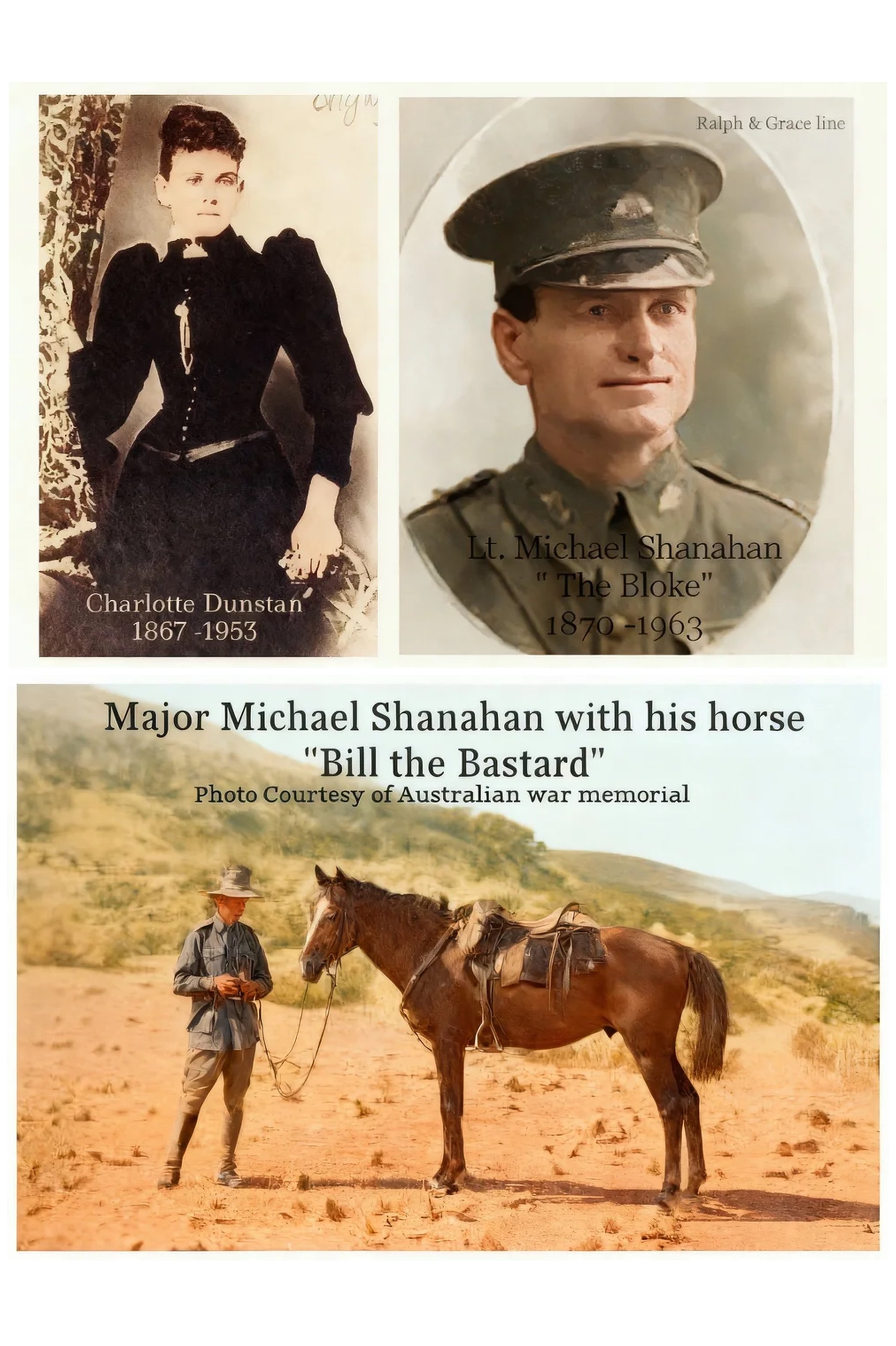 Grace Cavanough & Ralph Turnbull line Charlotte DUNSTAN was born on 6 Apr 1867. Charlotte married Michael SHANAHAN, son of Thomas SHANAHAN and Ellen May DELANEY, on 22 Jan1896 in Roma, Qld. Michael was born on 31 Mar 1870 in Roma, Qld, and died on 12